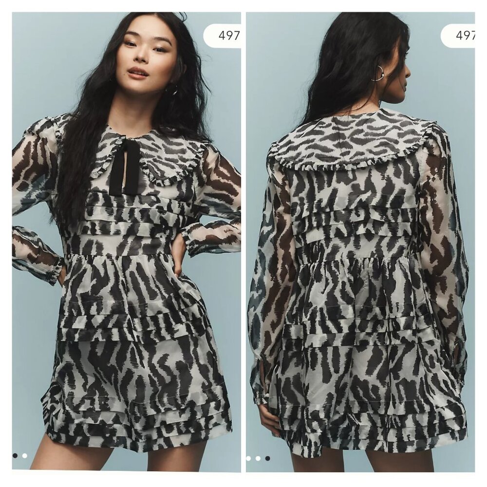 Maeve Long-Sleeve Collared Sheer Mini Dress Size Medium